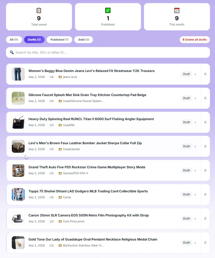 The Zetlis History screen: tiles reading Total saved 9, Published 1 and This month 9, above tabs for All (9), Drafts (8), Published (1) and Sold (0) with Drafts selected, a search box, and the list of saved listings — jeans, a sink mat, a fishing reel, a bomber jacket, a PS5 game, a trading card, a film camera and a pendant — each showing its title, date, marketplace, source folder and a Draft badge.