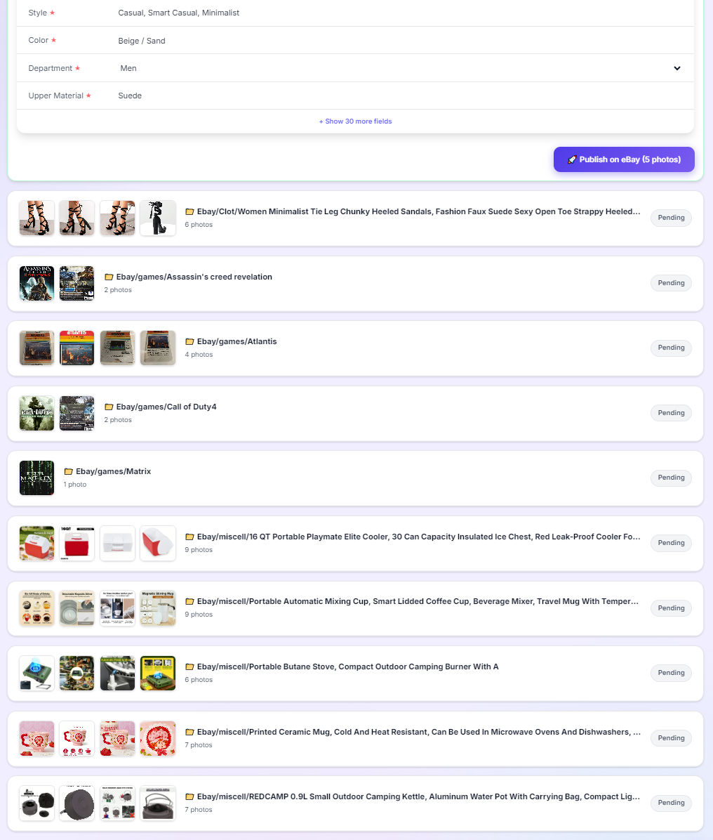 A completed Zetlis listing with a Publish on eBay button, above a queue of other products in the same batch still pending