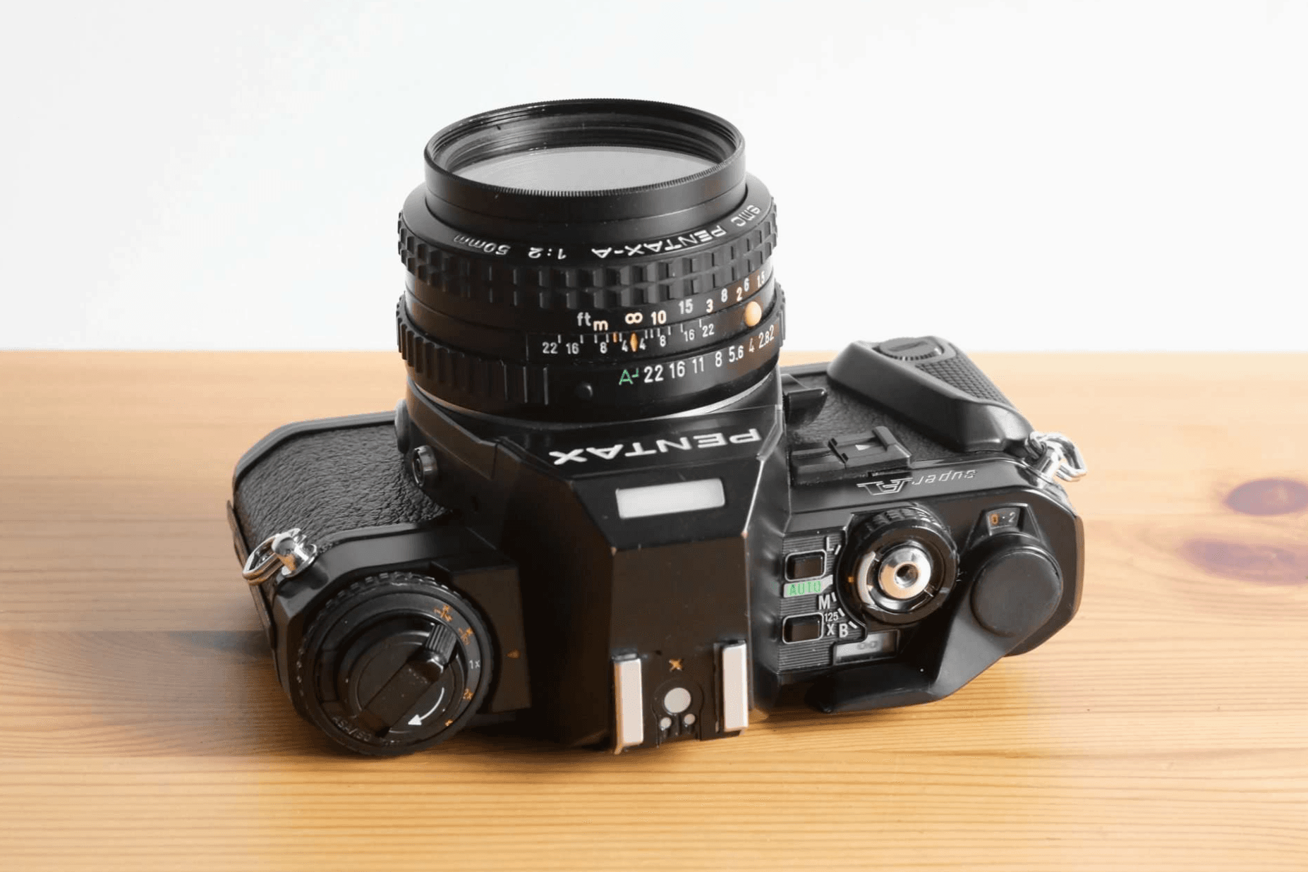 Top view of the Pentax Super A showing its controls.