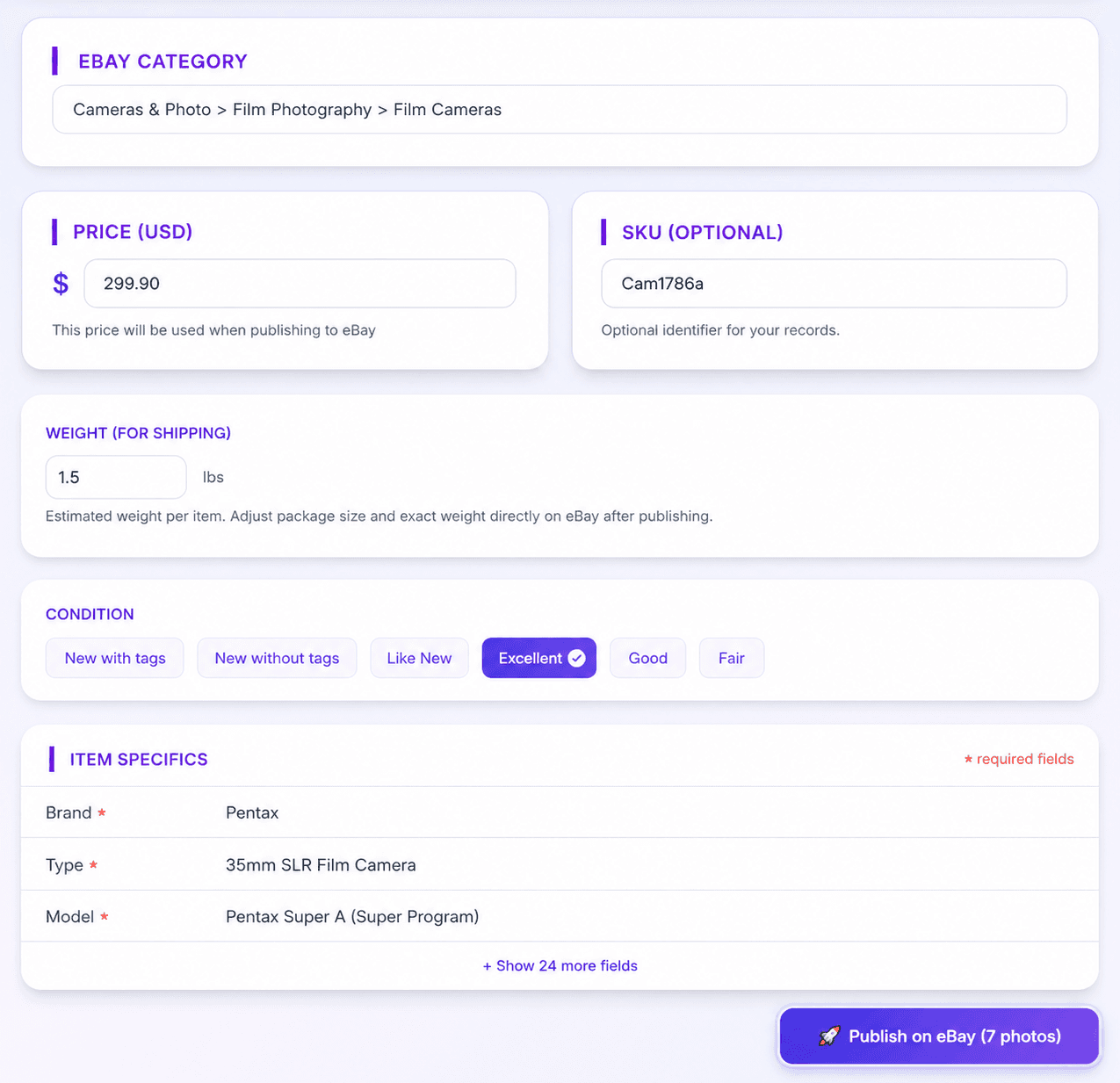 The review screen with eBay category, price, item specifics, and a Publish on eBay button.