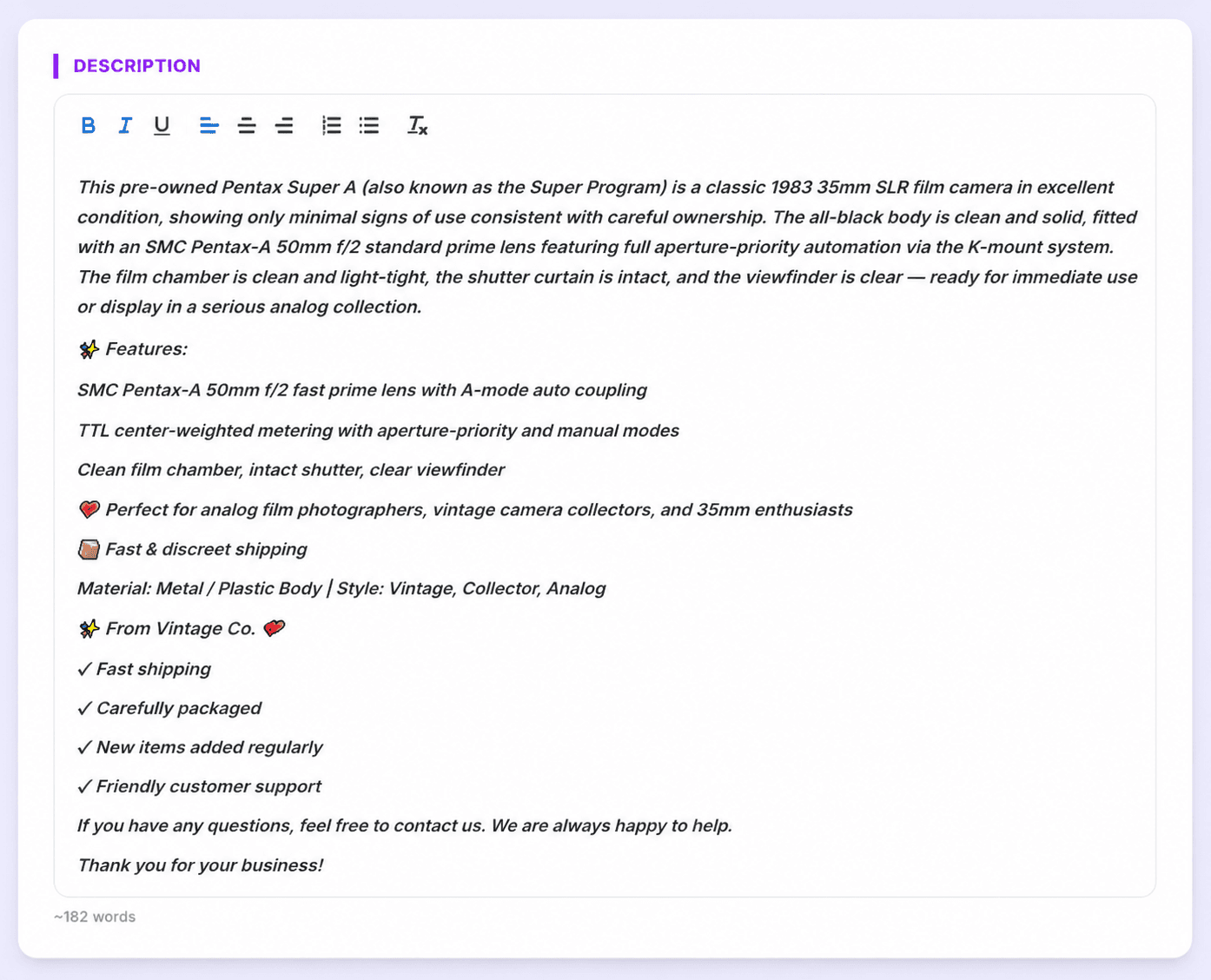 A complete generated eBay description with rich-text formatting, a features list, and a word count.