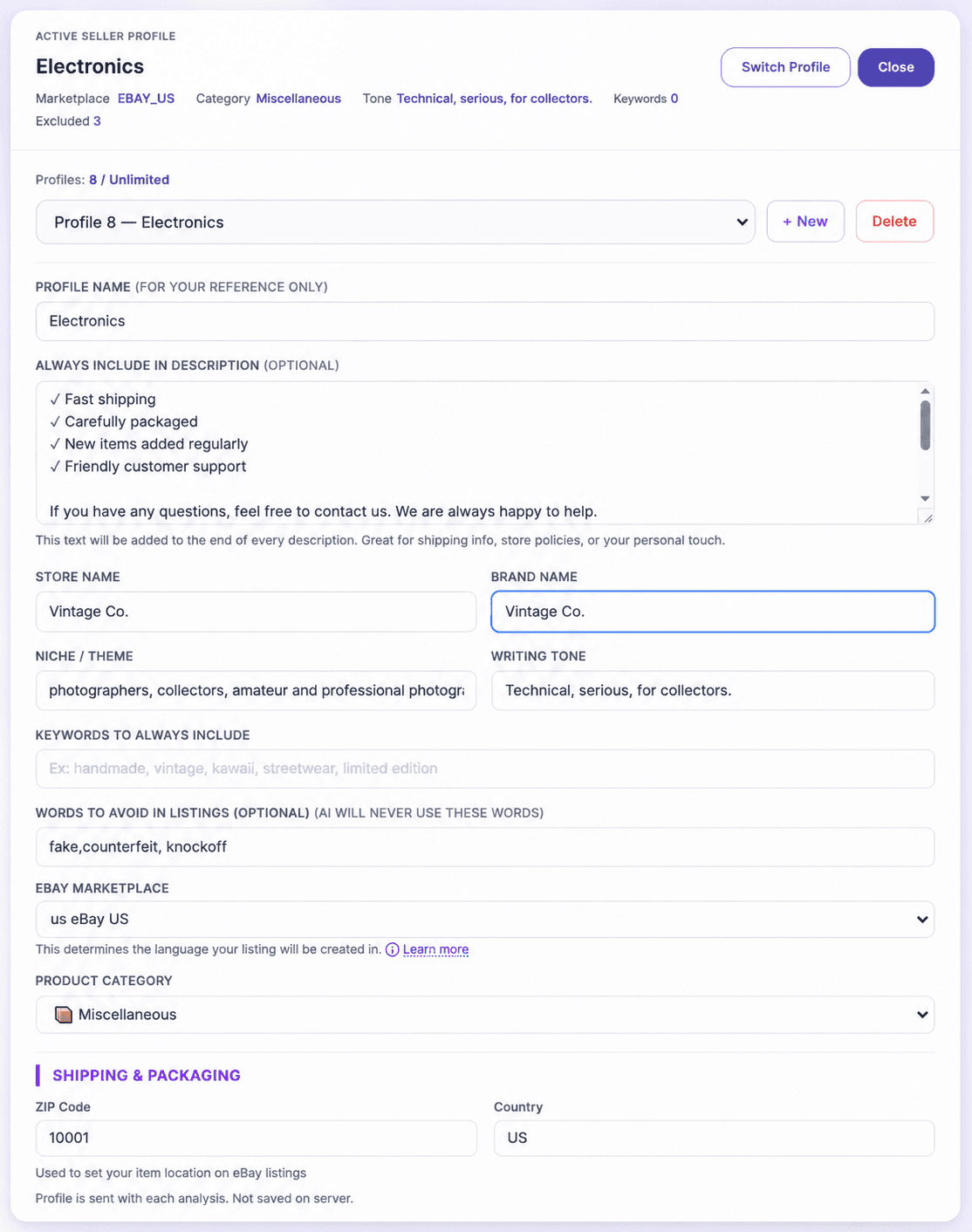 A Zetlis Seller Profile named Electronics for the store Vintage Co., with fields for writing tone, keywords to always include, words to avoid, eBay marketplace, and product category.