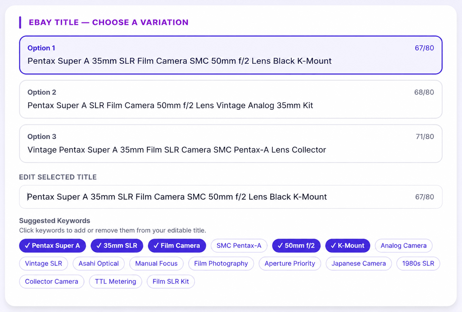 Three generated eBay title options with character counts, an editable selected title, and clickable suggested keyword chips.