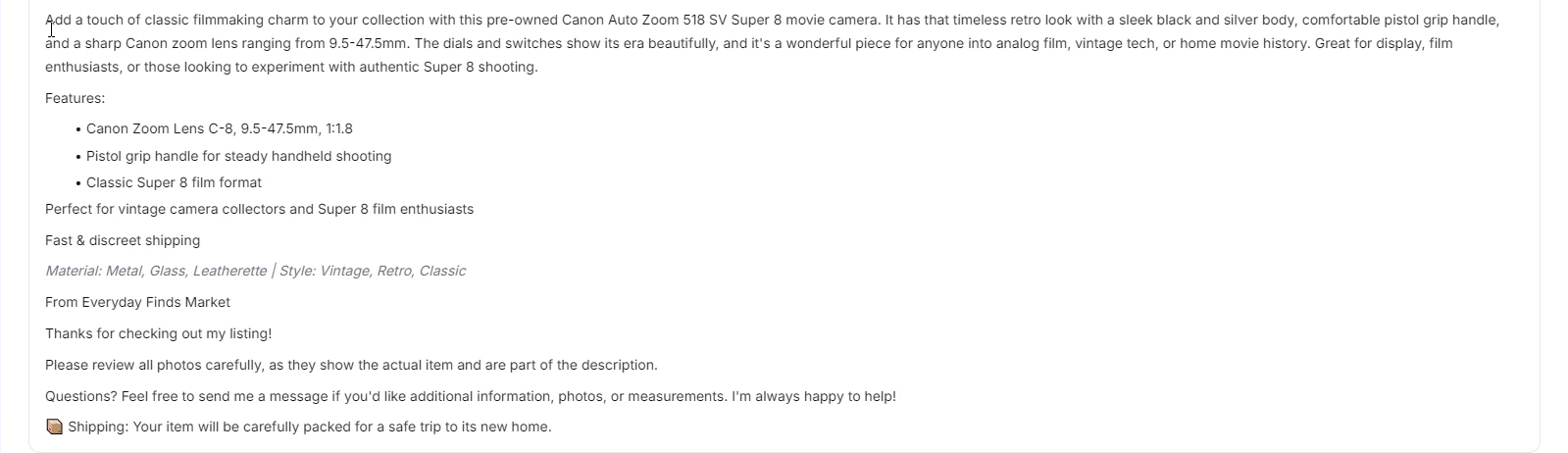 A Zetlis-generated eBay description for the Canon Auto Zoom 518 SV Super 8 camera, written in a short, casual and friendly tone, ending with "Thanks for checking out my listing!" and a shipping note.