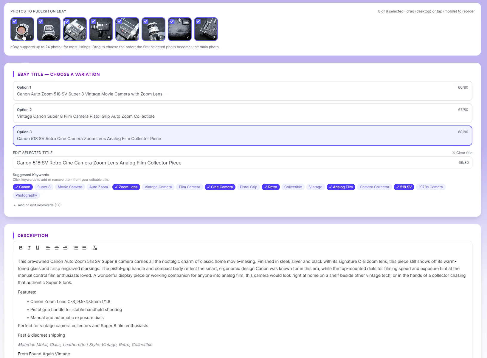 Zetlis eBay listing editor for the same Canon Auto Zoom 518 SV camera using a vintage, collector-oriented Seller Profile: the selected title reads “Canon 518 SV Retro Cine Camera Zoom Lens Analog Film Collector Piece,” emphasizing retro, analog and collector appeal.