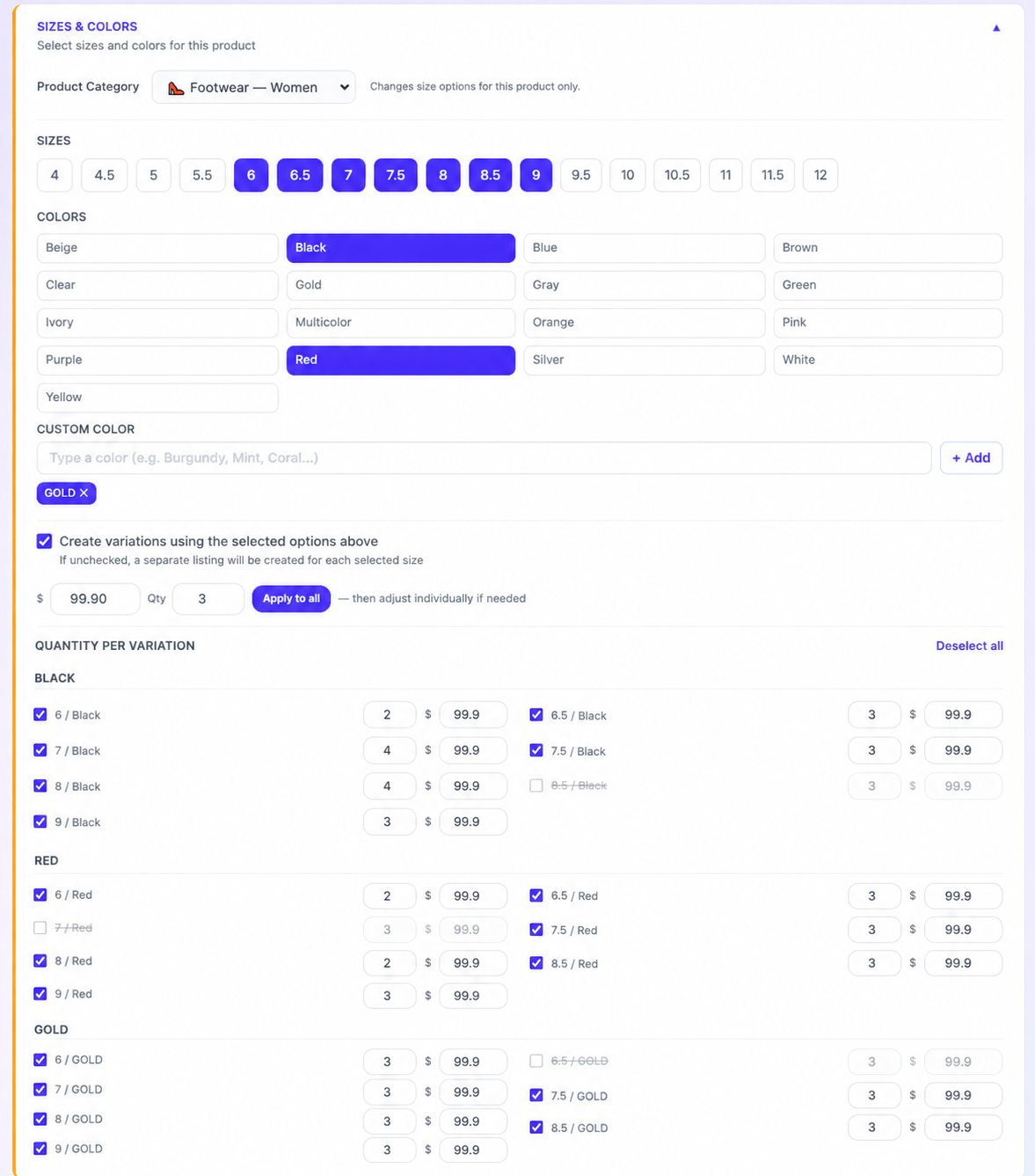 The Zetlis variation builder on a women's-footwear listing: a Footwear — Women product category, shoe sizes from 6 to 9 selected, Black and Red colors chosen with a custom Gold color added as a chip, a price of 99.90 and quantity of 3 with an Apply to all button, and a quantity-per-variation grid grouped by Black, Red and Gold where several combinations are unchecked and struck through as unavailable and individual quantities differ.