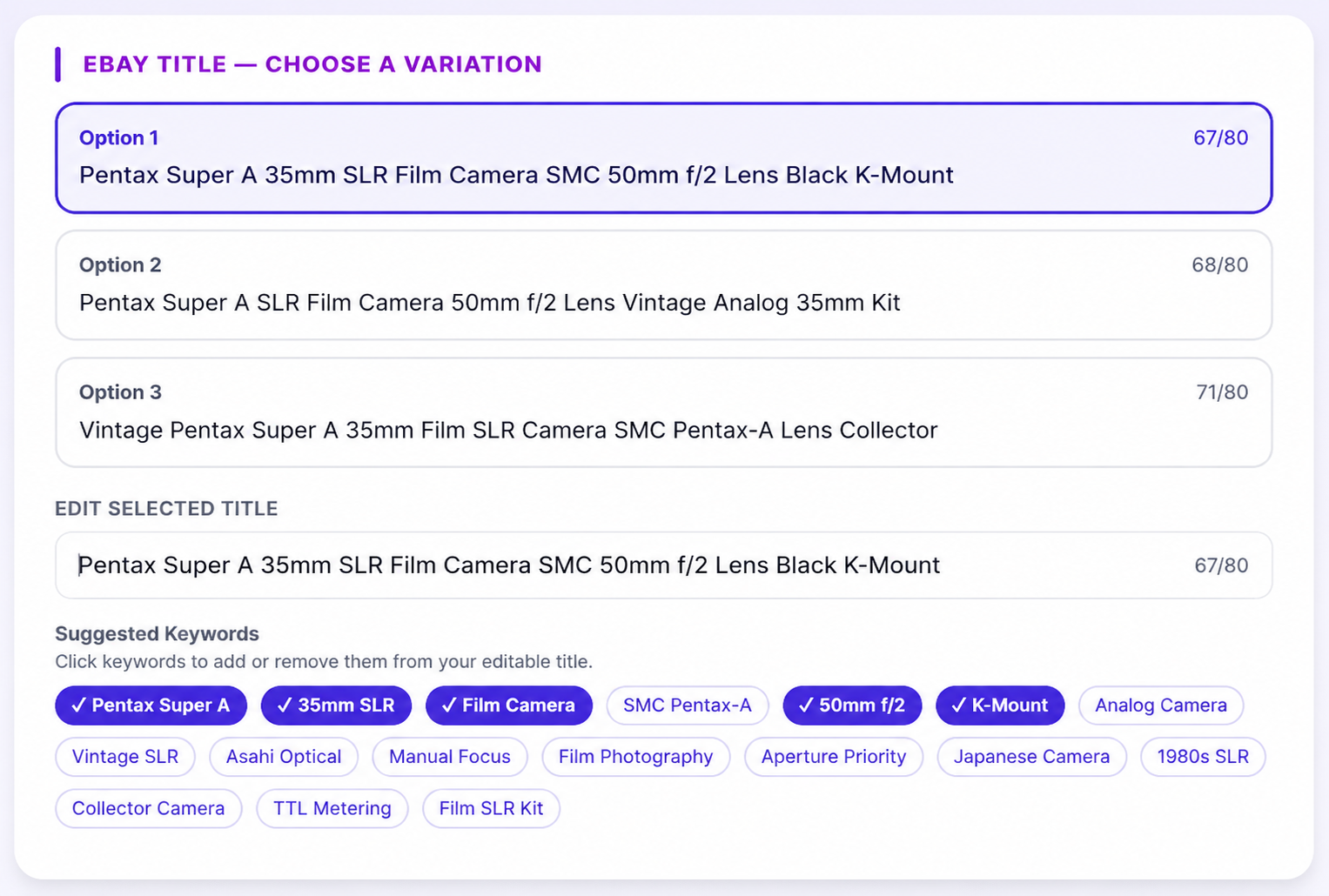 Zetlis mostra tre proposte di titolo eBay complete per la fotocamera, ciascuna con un conteggio caratteri su 80, un titolo selezionato modificabile e chip di parole chiave cliccabili